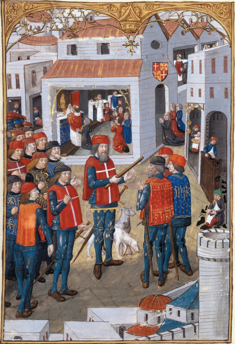 Siege of Rhodes in 1480. As mass is celebrated in the background, the Hospitaller Knights of St. John of Jerusalem prepare to defend Rhodes, illumination, by the anonymous Maître du Cardinal de Bourbon, from the Gestorum Rhodiae obsidionis commentarii, by Guillaume Caoursin, circa 1480.